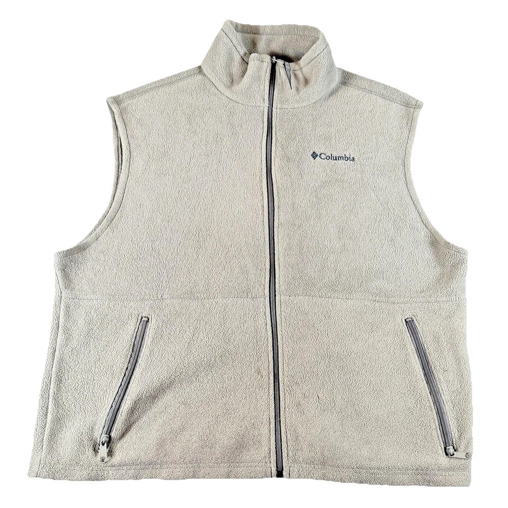 Columbia Vest Mens XL Beige Fleece Full Zip Pockets Sleeveless Hiking Warm